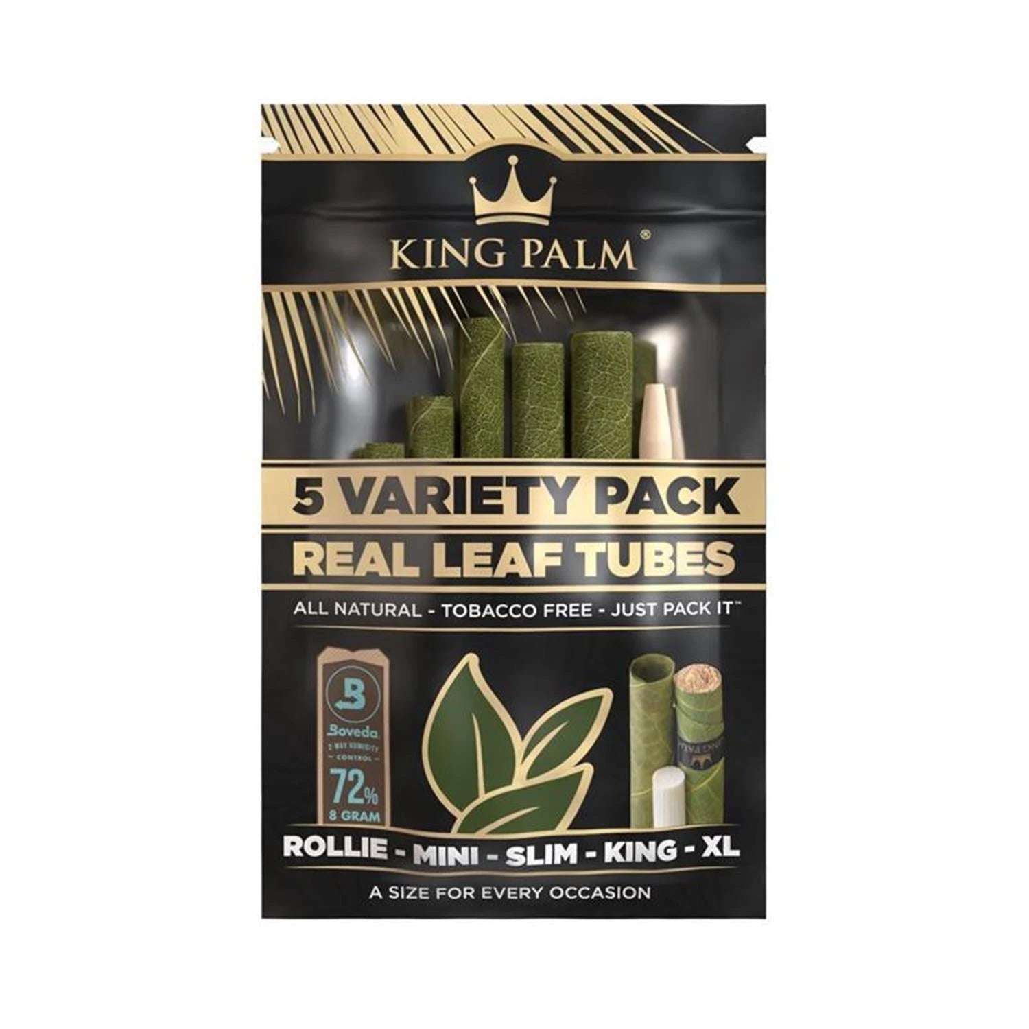 King Palm 5 Variety Pack Real Leaf Tubes Natural – tabakfreie Blattröhrchen in den Größen Rollie, Mini, Slim, King und XL mit Boveda 72% Feuchtigkeitsregler